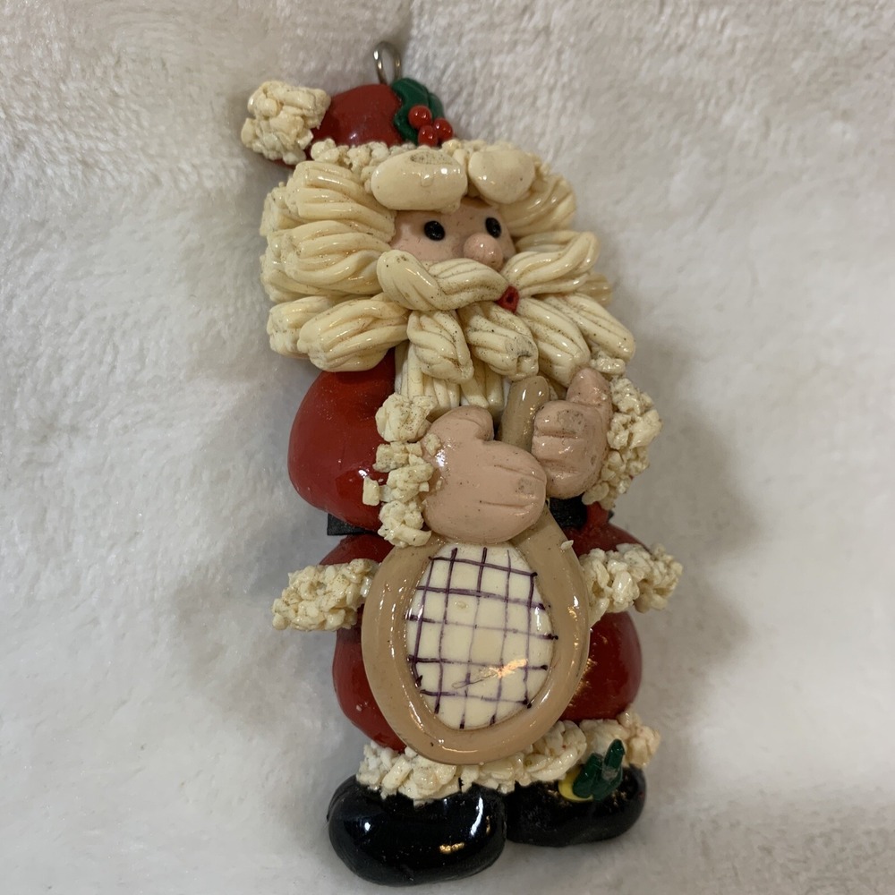 Vintage Glazed Dough Type Christmas Ornament Spaghetti Beard Tennis Player Santa - Picture 4 of 12